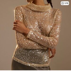 NWT Anthropologie Sunday In Brooklyn Sheer Gold Sequin Turtleneck Top.